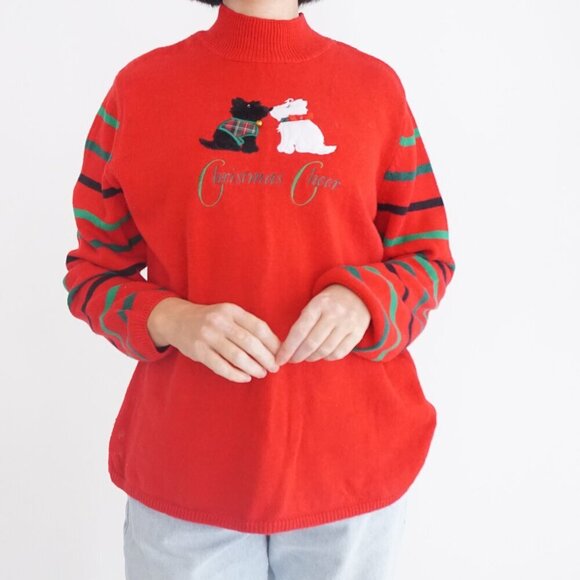 Vintage Merry Bright Red Embroidered Kissing Dogs Christmas Cheer Sweater PXL - Picture 2 of 12